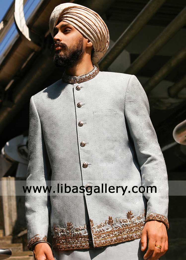 Luxury ice Blue Karandi Embroidered Prince Coat